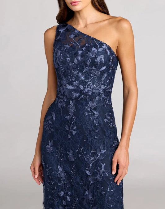 Navy One Shoulder Floral Embroidered Gown