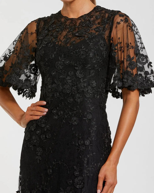 Black Flutter Sleeve Floral Embroidered Net Gown
