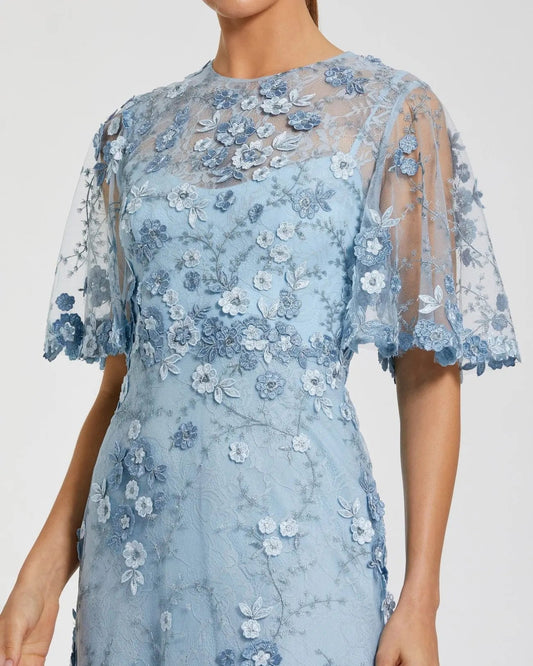 Blue Flutter Sleeve Floral Embroidered Net Gown