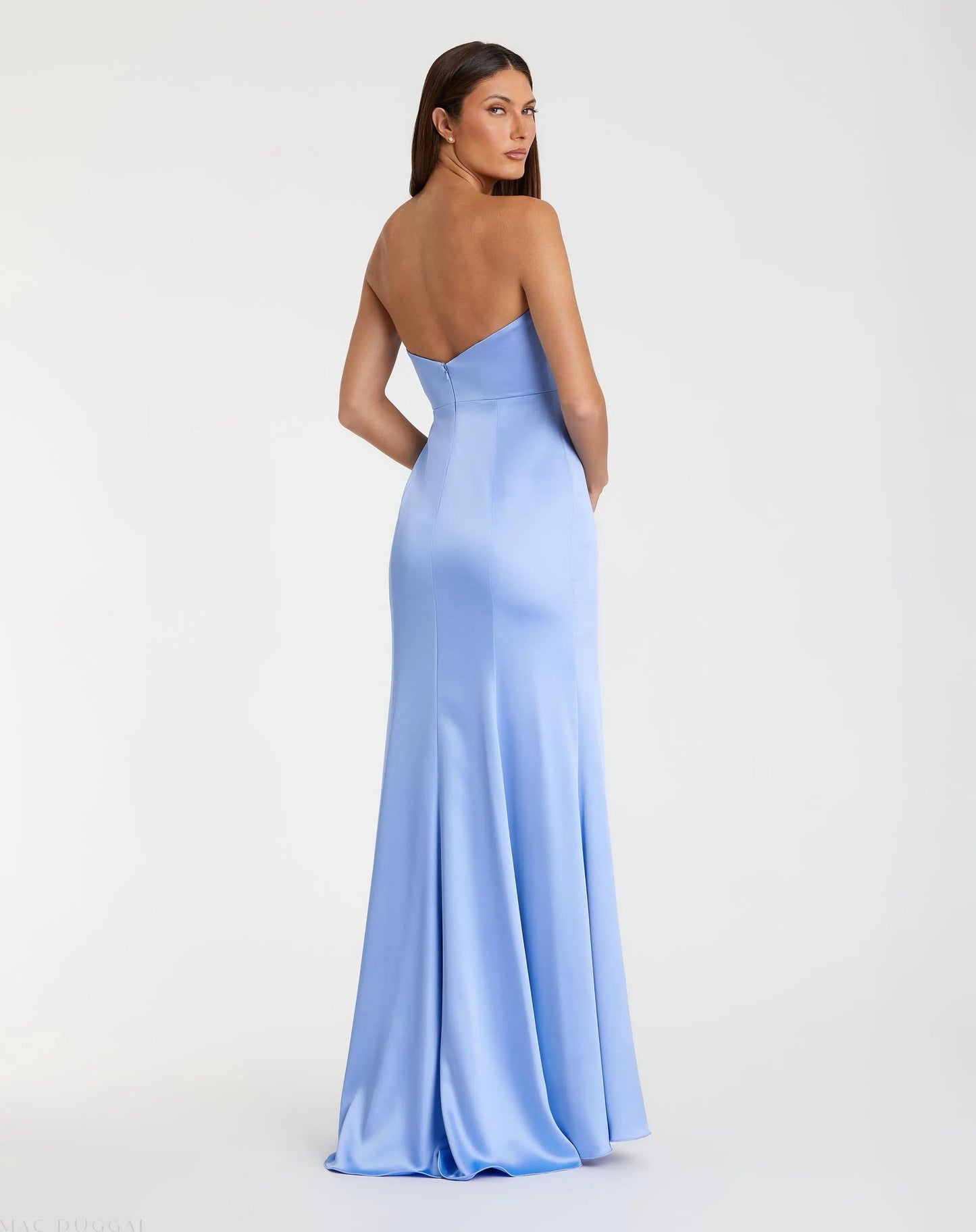 Blue Strapless Satin Column Gown With 3D Flower