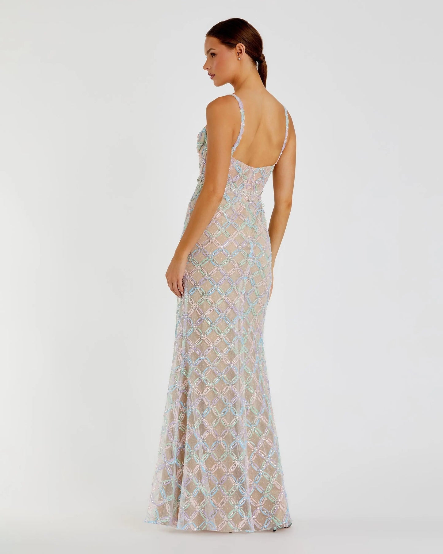 Beige Multicolor Pearl Embellished Bustier Column Gown