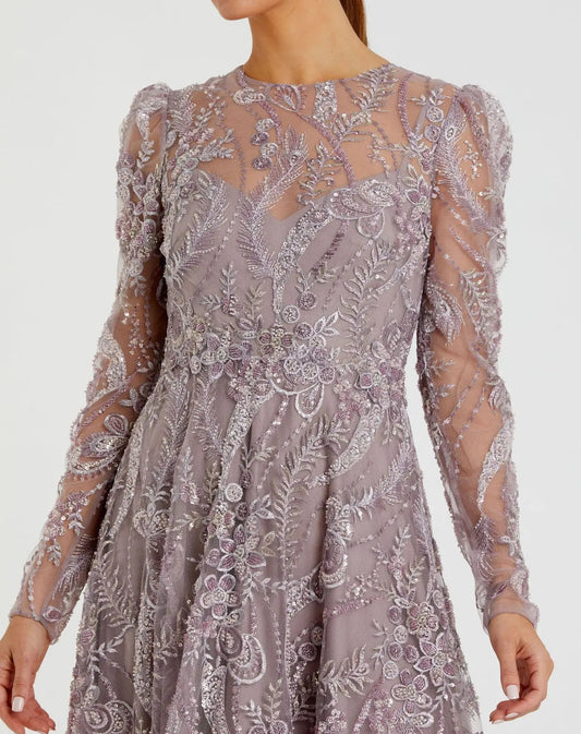 Purple Floral Embroidered High Neck Long Sleeve Dress