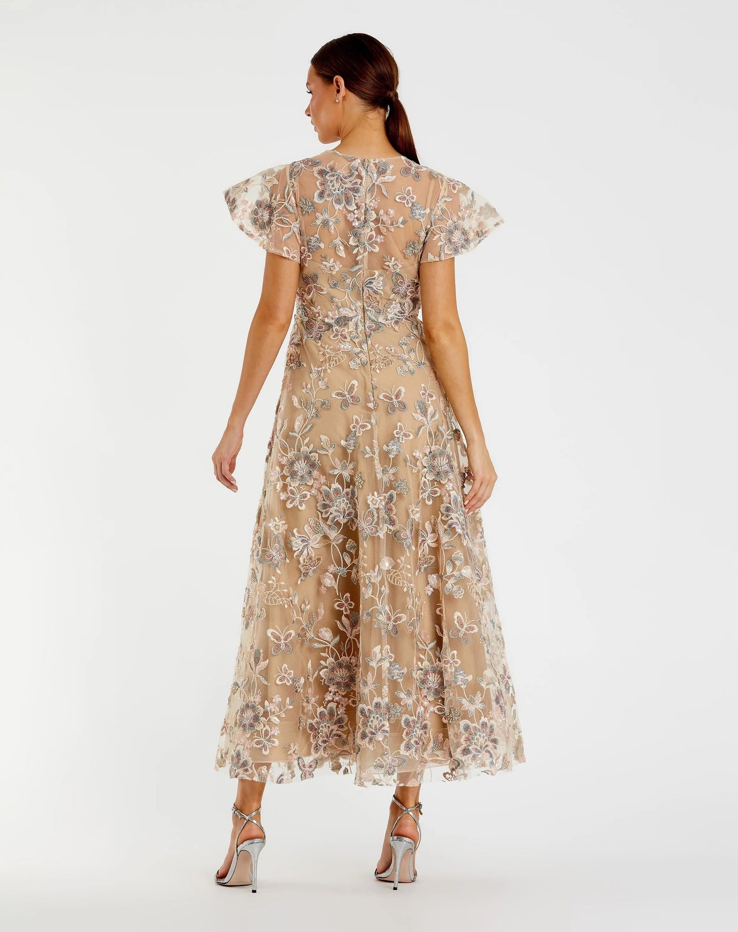 Beige Flutter Sleeve Butterfly Embroidered Maxi Dress