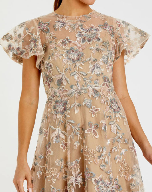 Beige Flutter Sleeve Butterfly Embroidered Maxi Dress