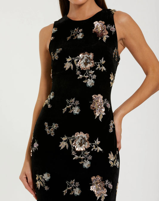 Black Sleeveless Floral Embellished Velvet Evening Gown