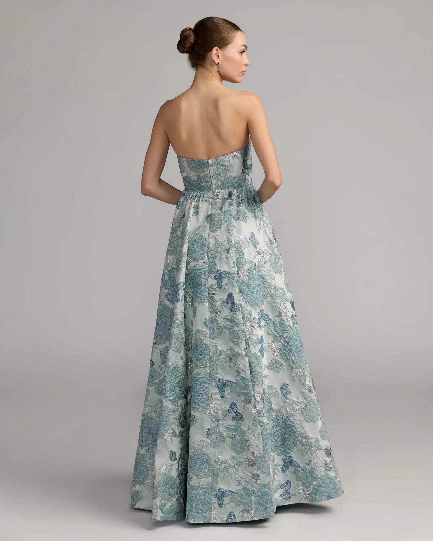 Blue Strapless Floral Brocade Ball Gown