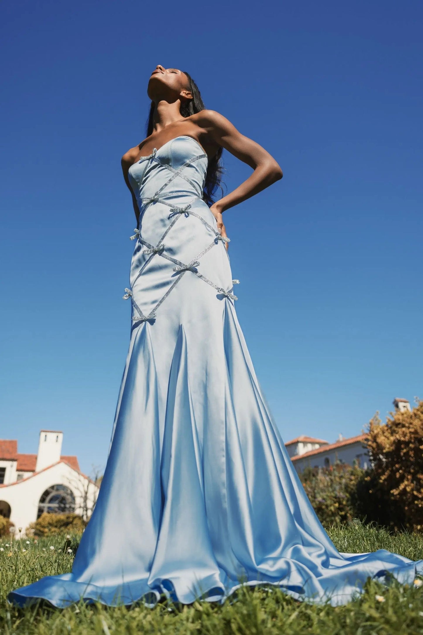 Blue Strapless Satin Trumpet Gown With Bow Details