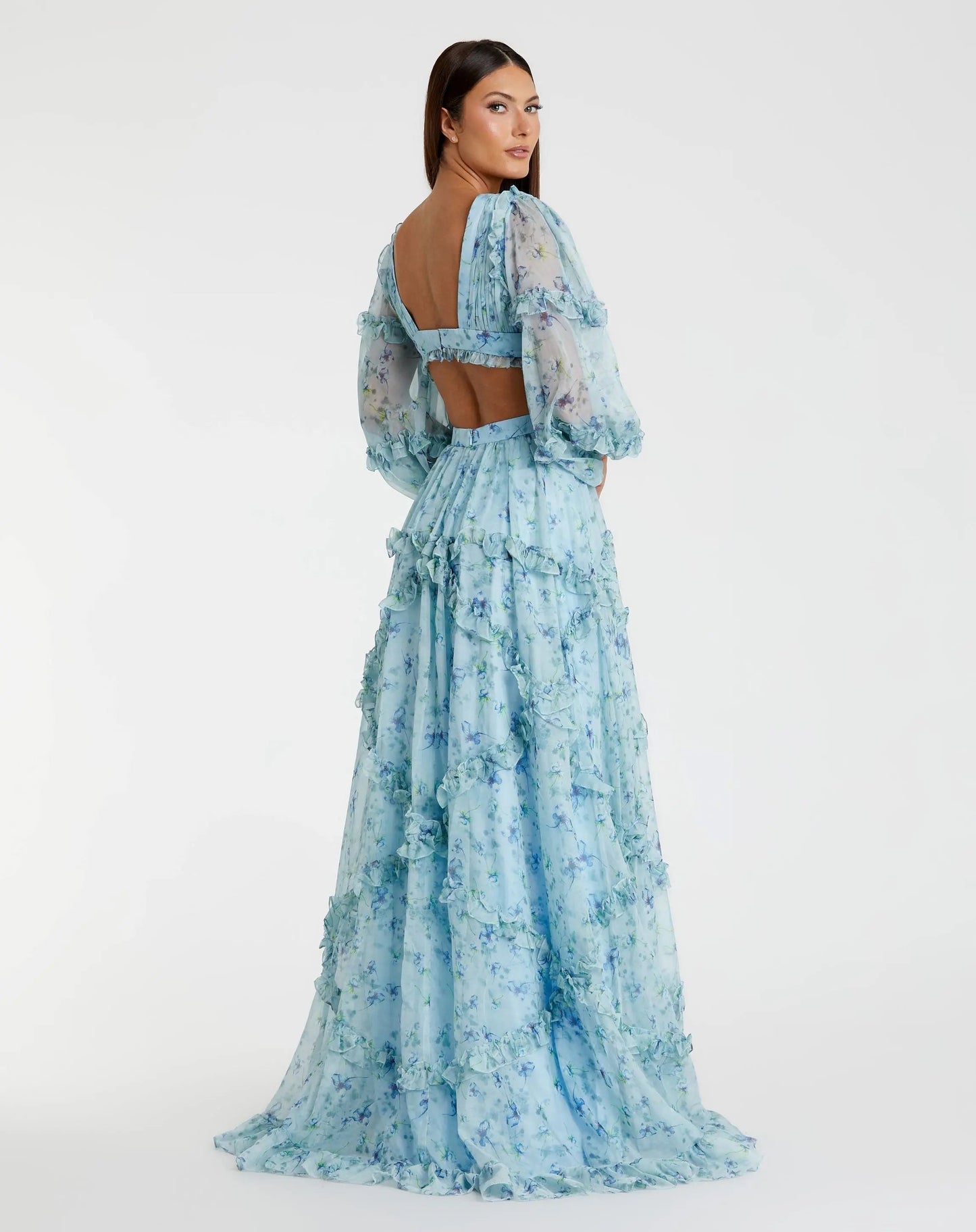 Blue Ruffle Tiered Floral Cutout Long Sleeve Gown - FINAL SALE