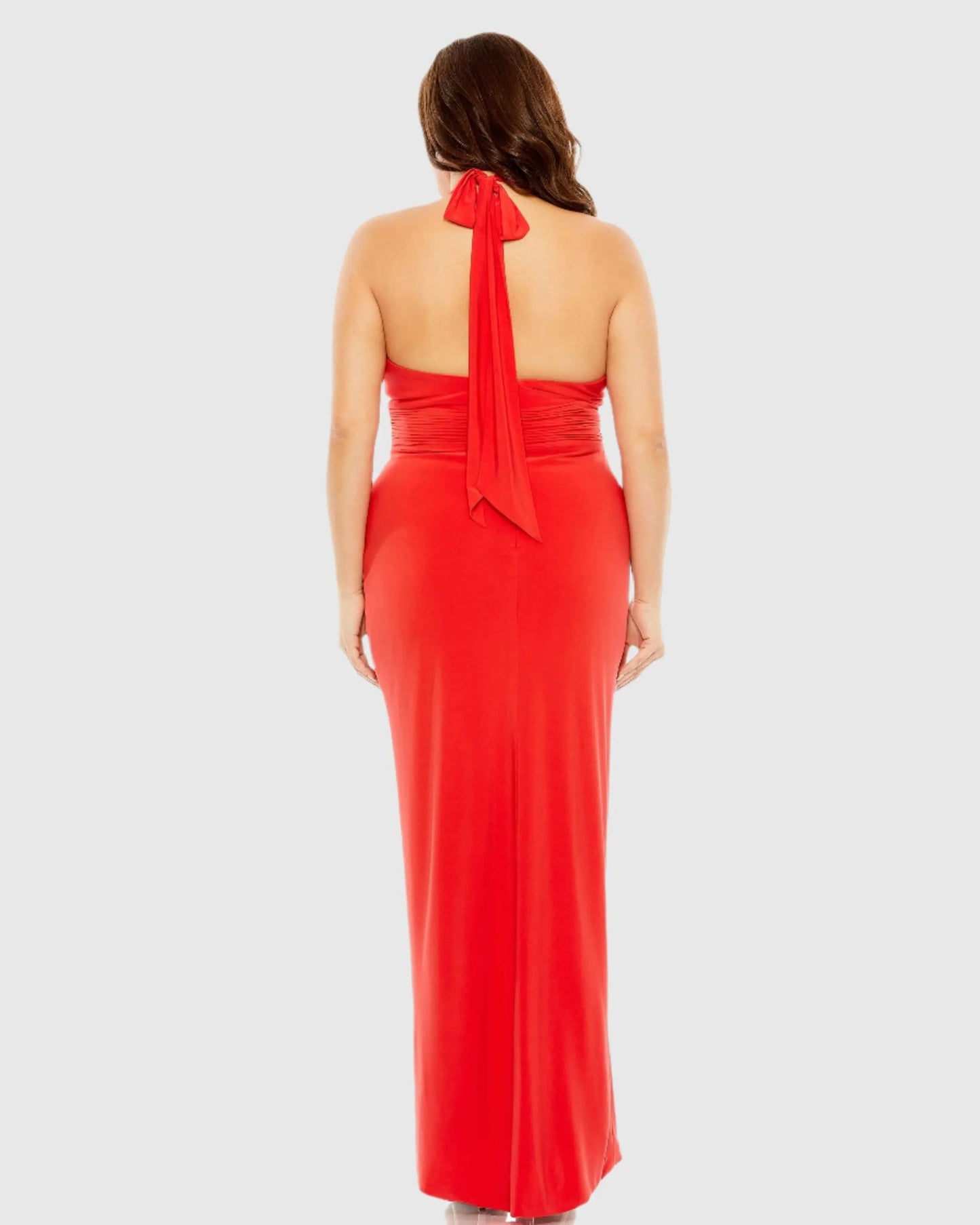 Red Halter Tie Keyhole Detail Gown with Slit (Plus) - FINAL SALE