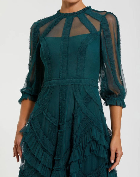 Teal High Neck Micro Ruffle Dress with 3/4 Puff Sleeves