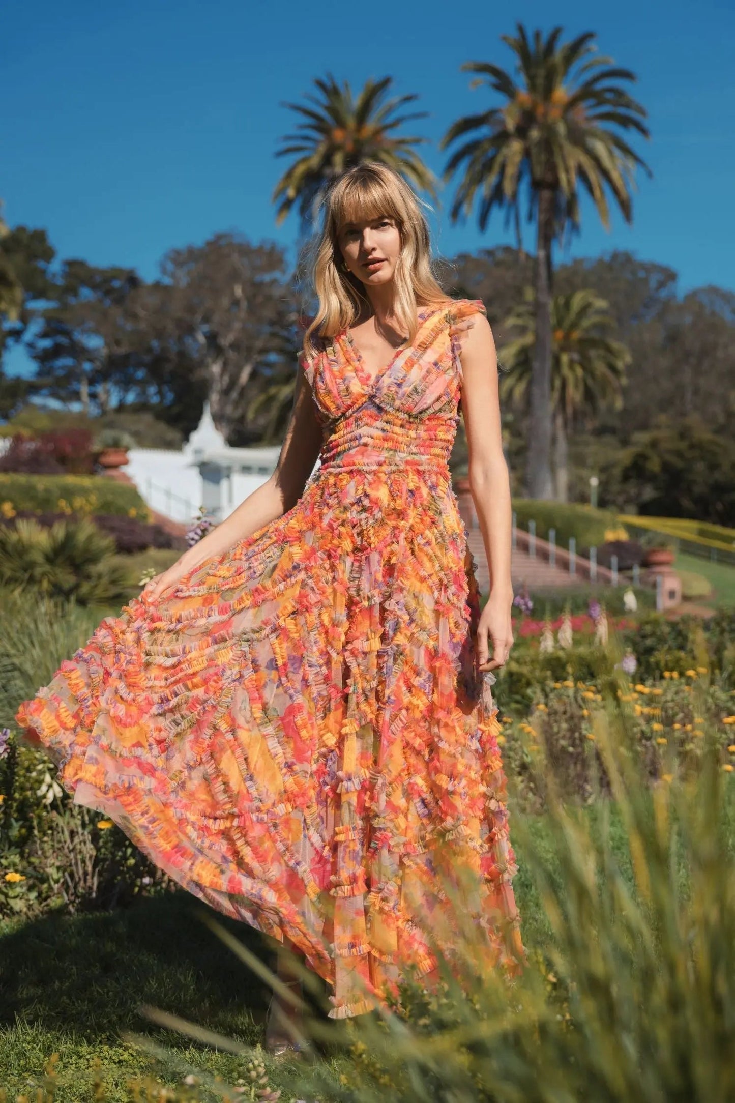 Multicolor Floral V-neck Ruffle Maxi Dress
