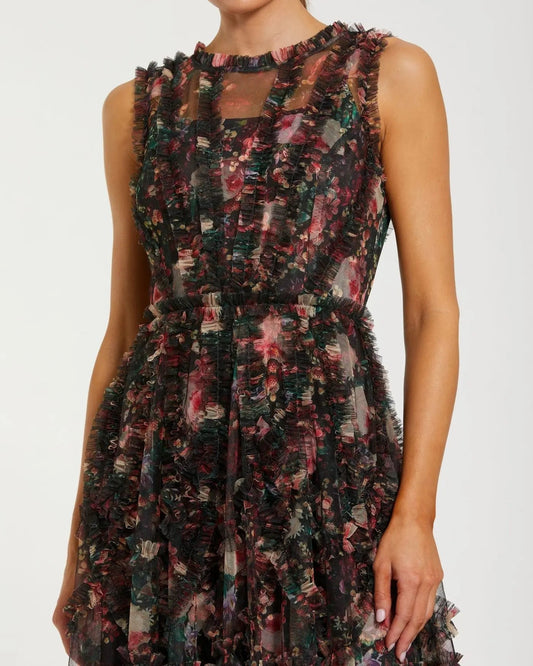 Black Multicolor Micro Ruffle Floral A-Line Mini Dress