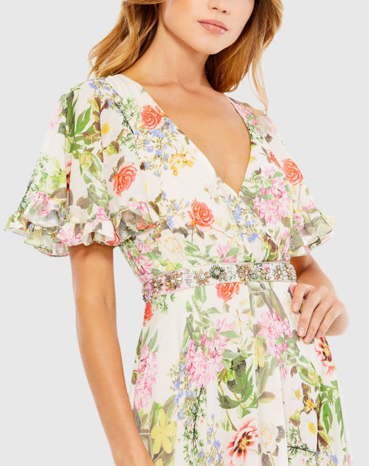 White Floral Print Faux Wrap Flutter Sleeve A Line Dress