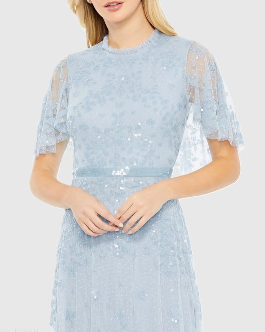Blue Sequined High Neck Flutter Sleeve A Line Gown