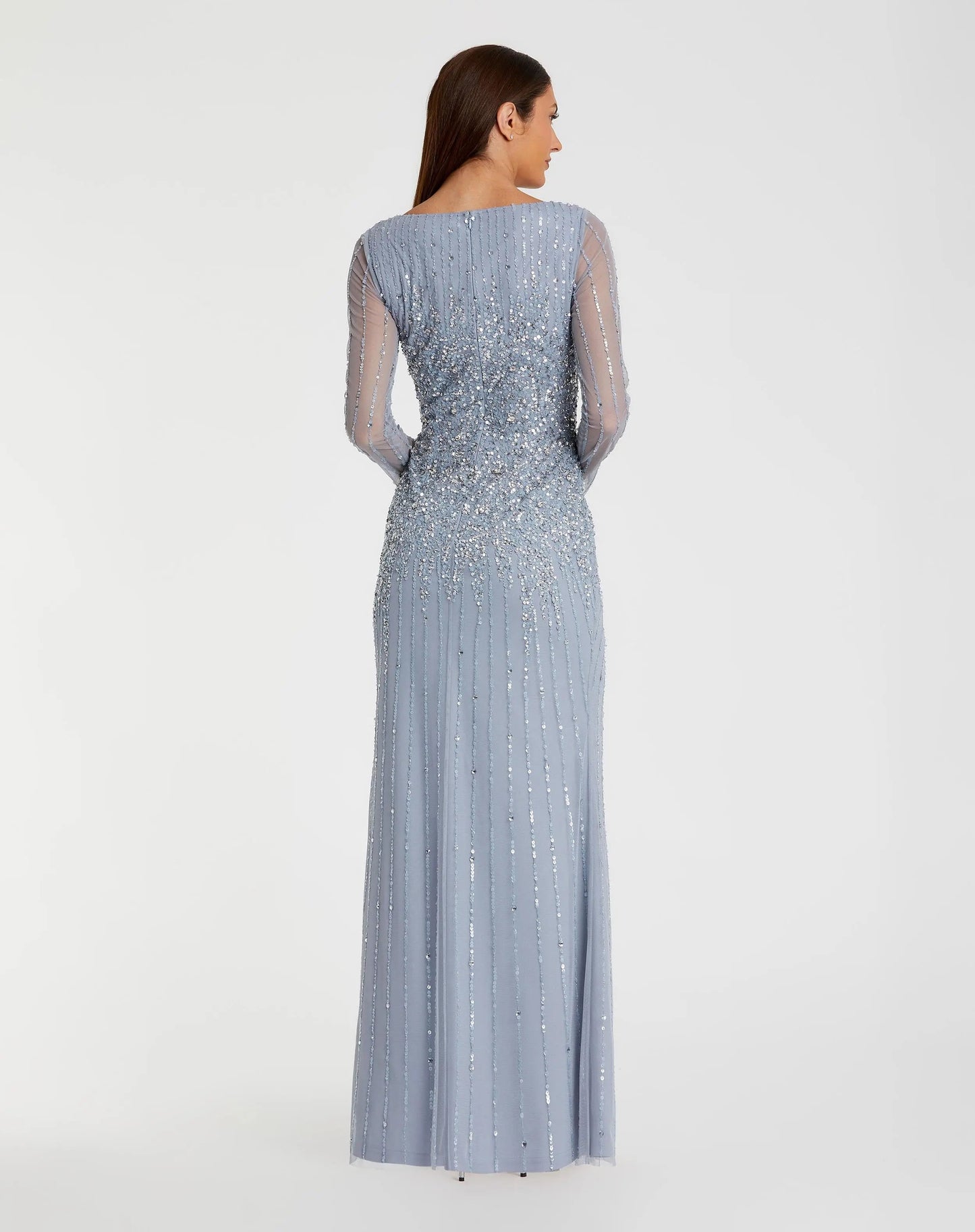 Blue Boat Neck Sequin Embellished Long Sleeve A Line Gown