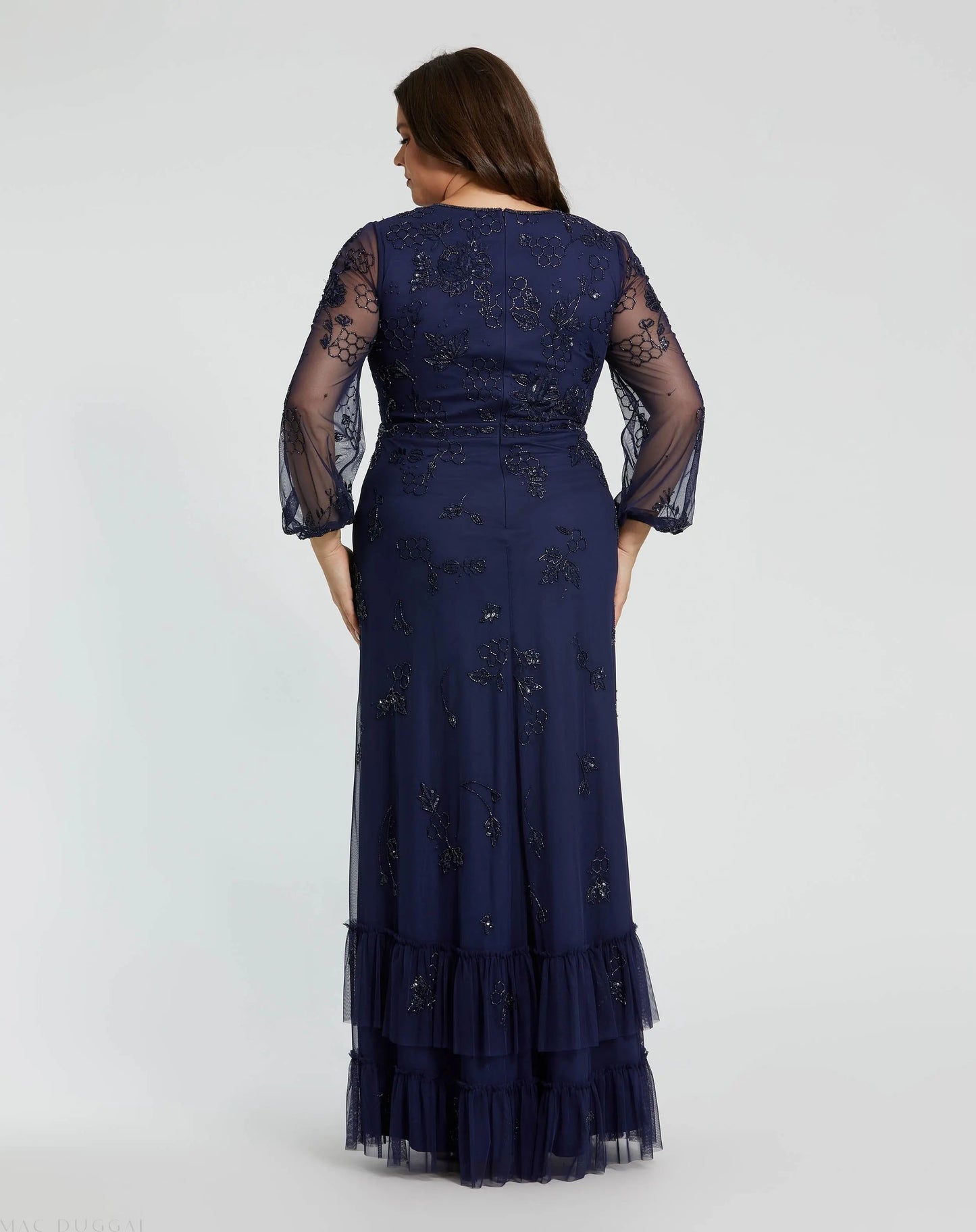 Navy Puff Sleeve V-Neck Tiered Embellished Gown (Plus)
