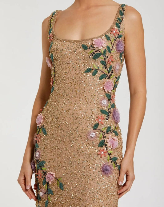 Beige Floral Beaded Mesh Scoop Neck Sleeveless Gown