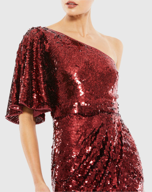 Red One Shoulder Sequin Evening Gown