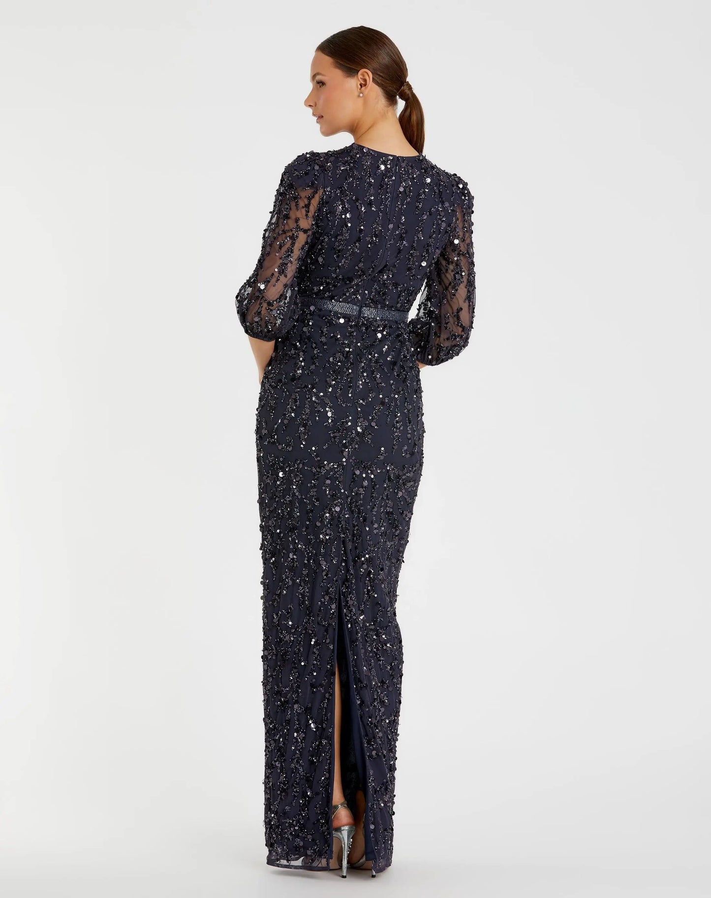 Navy Embellished Column Gown with 3/4 Sleeves