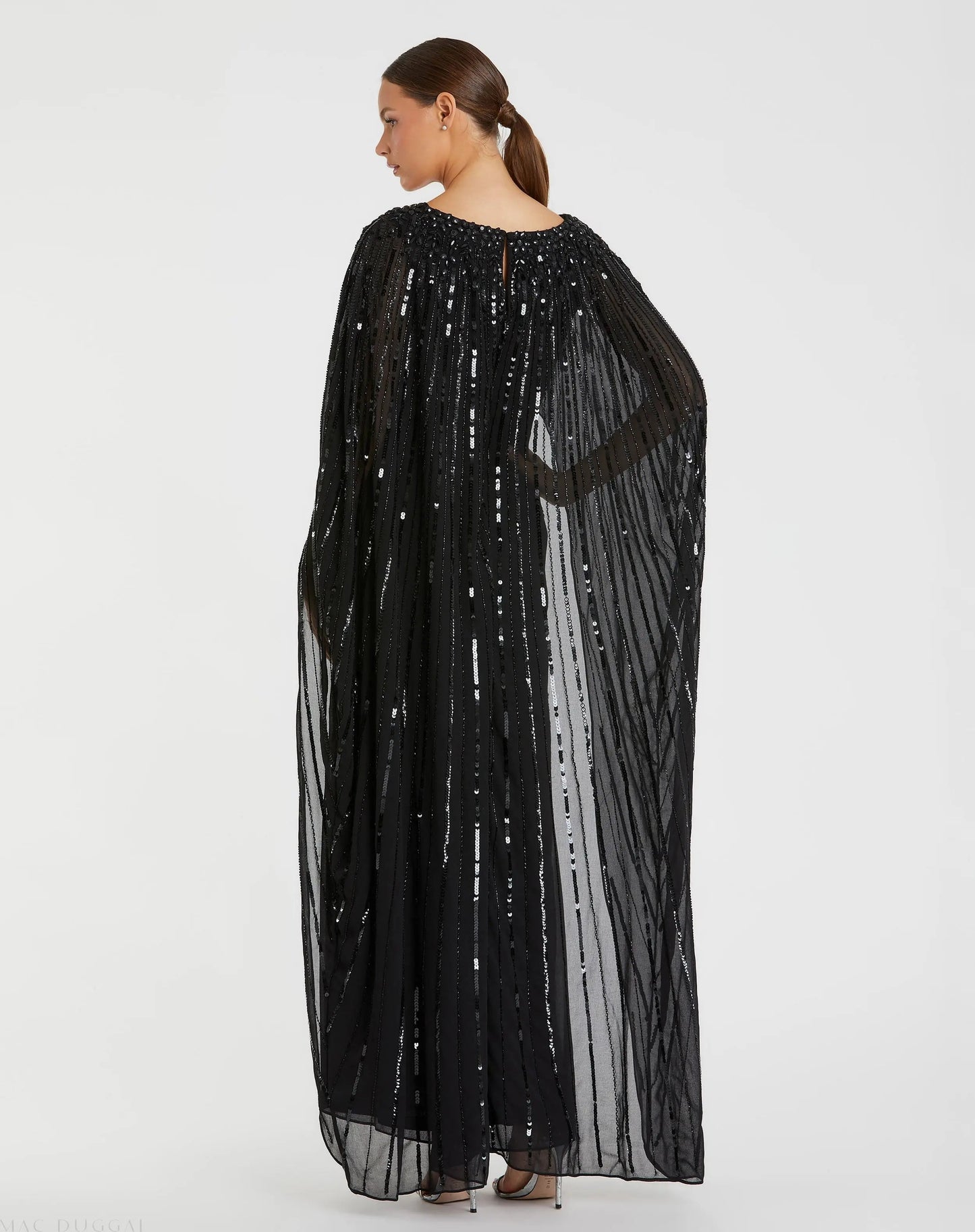 Black Embellished Beaded Column Cape Gown