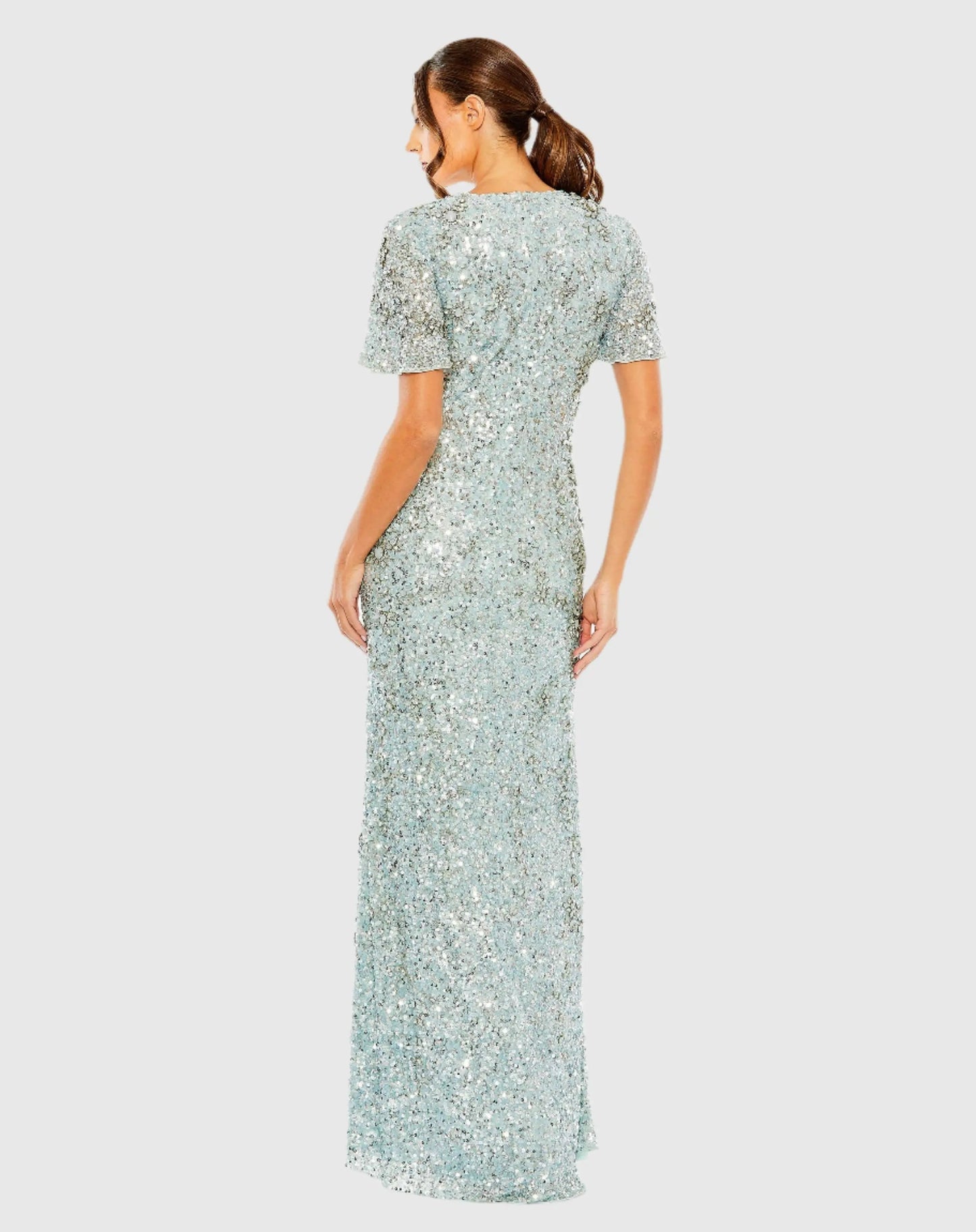 Blue Flutter Sleeve Sequin High Neck Gown