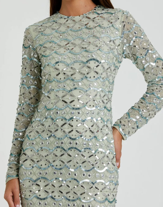 Green High Neck Long Sleeve Embellished Dress