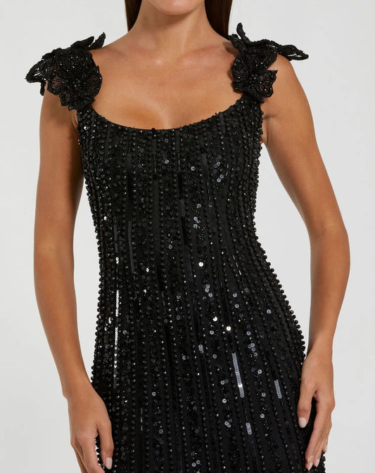 Black Embellished Sleeveless Gown With Floral Shoulder Detail