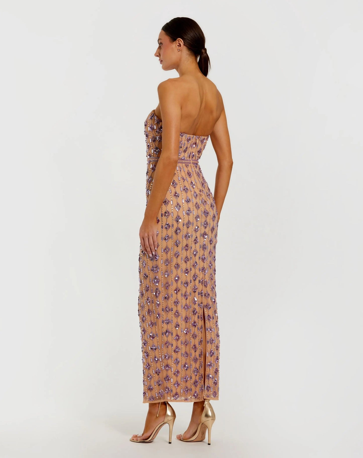 Beige and Purple Beaded Strapless Column Dress