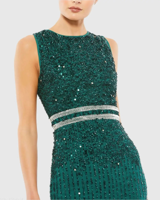 Green Sleeveless High Neck Beaded Midi Sheath Dress - Final Sale