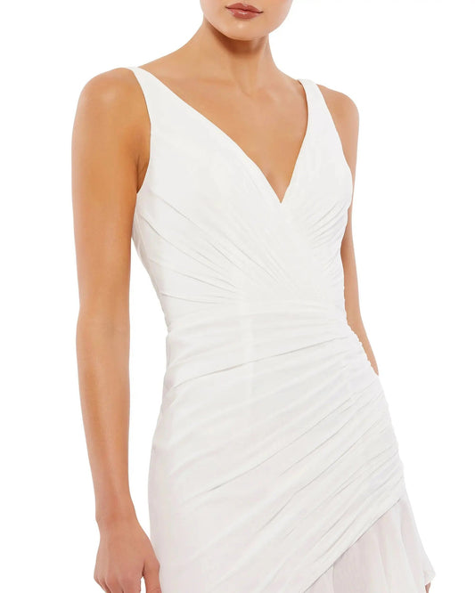 White Asymmetrical Ruffled V-Neck Chiffon Dress