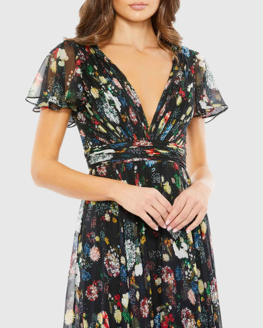 Black Floral Print Wrap Over Butterfly Sleeve Gown