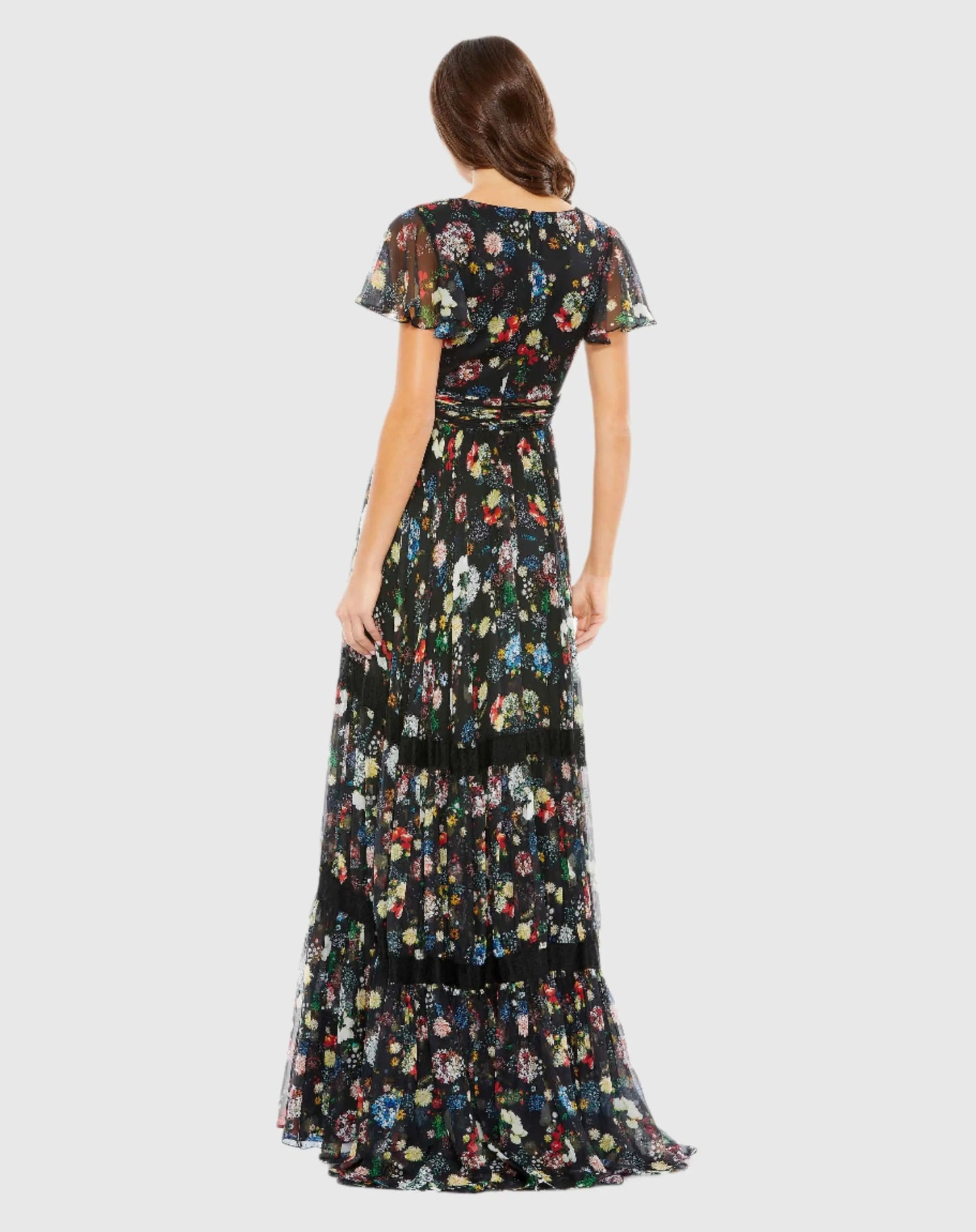Black Floral Print Wrap Over Butterfly Sleeve Gown