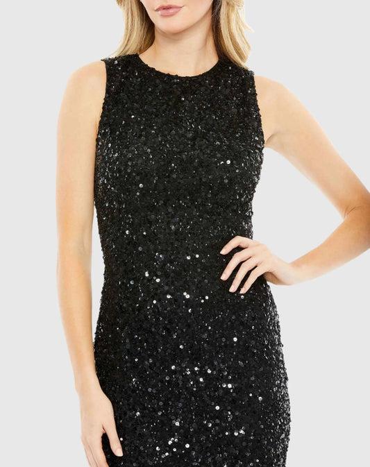 Black Sequined High Neck Sleeveless Flared Dress