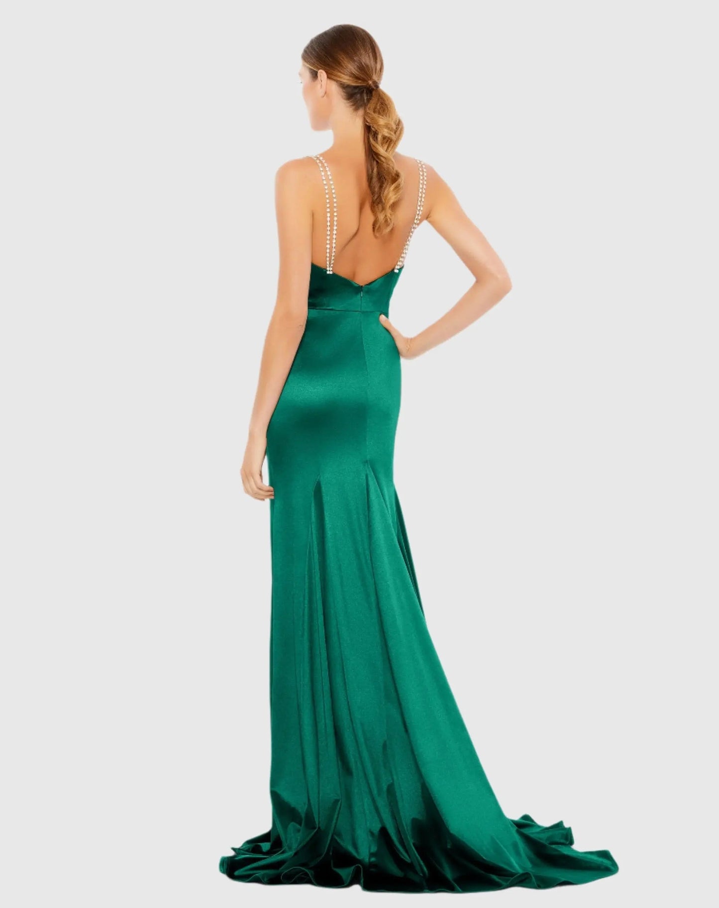 Green Charmeuse Rhinestone Strap Trumpet Gown