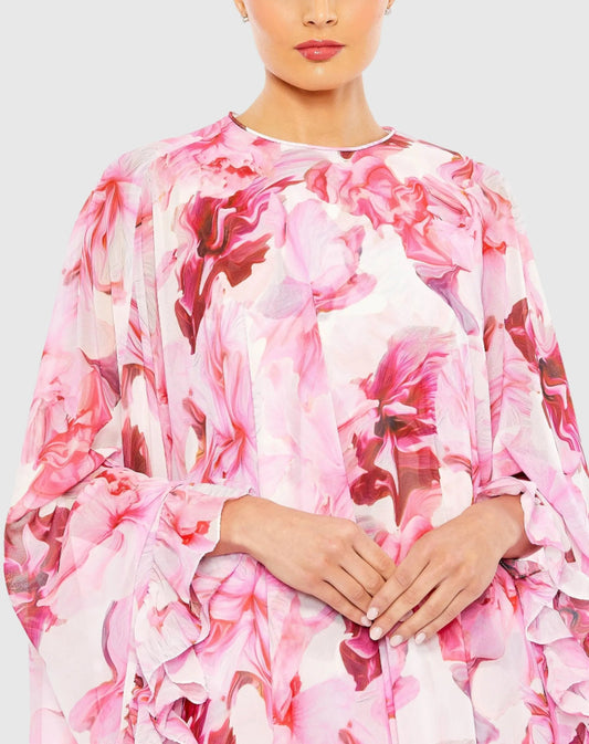 Floral Print High Neck Ruffle Hem Cape Mini Dress