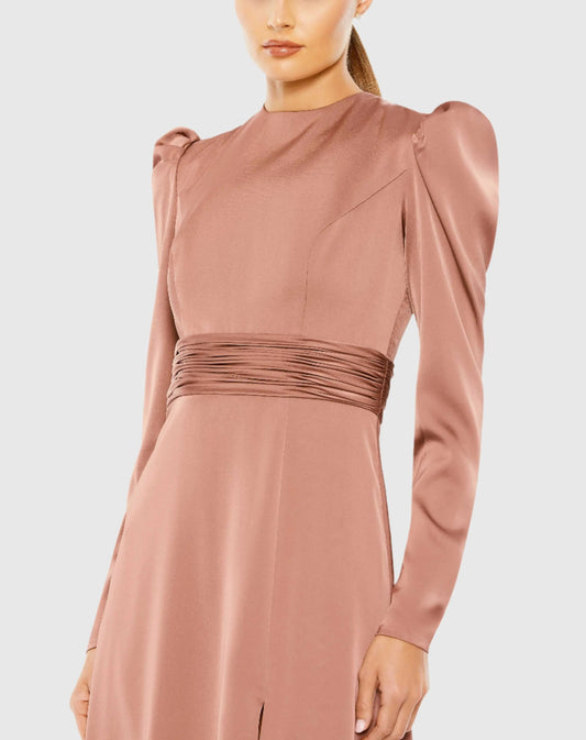 Pink High Neck Long Sleeve Midi Dress