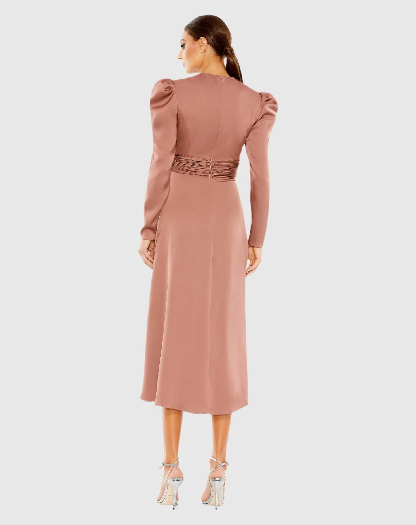 Pink High Neck Long Sleeve Midi Dress
