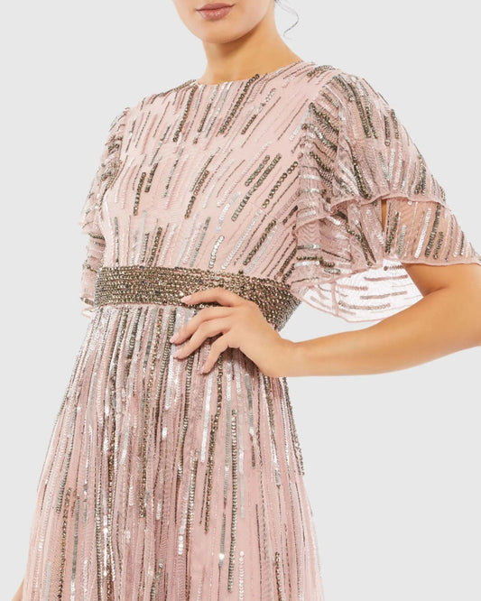 Pink Embellished Full Length Layered Sleeve Gown - FINAL SALE