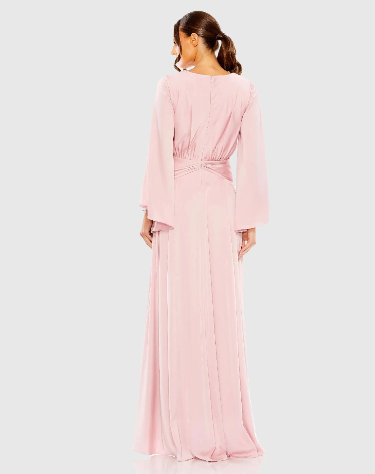 Pink Long Sleeve V Neck High Slit Gown
