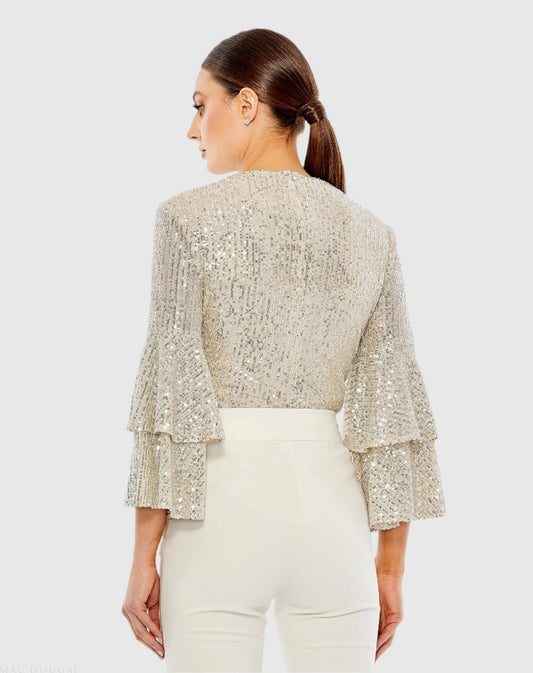 Silver Ruffle 3/4 Sleeve Sequin Bodysuit - FINAL SALE