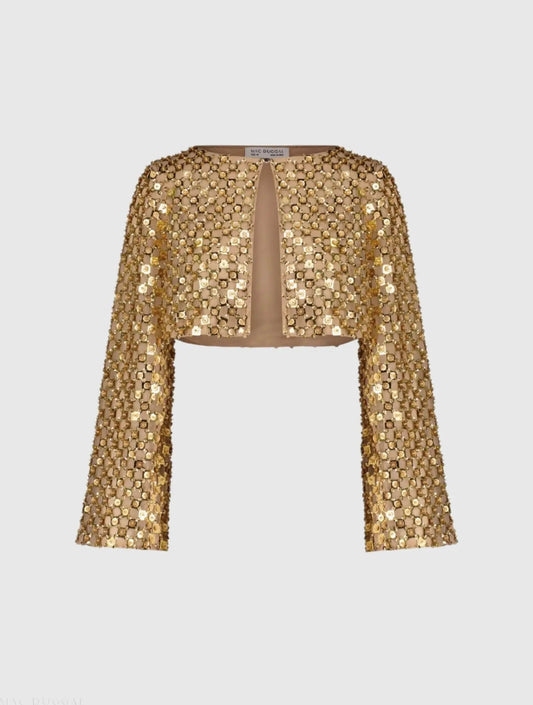 Gold Beaded Sequin Georgette Long Sleeve Cardigan