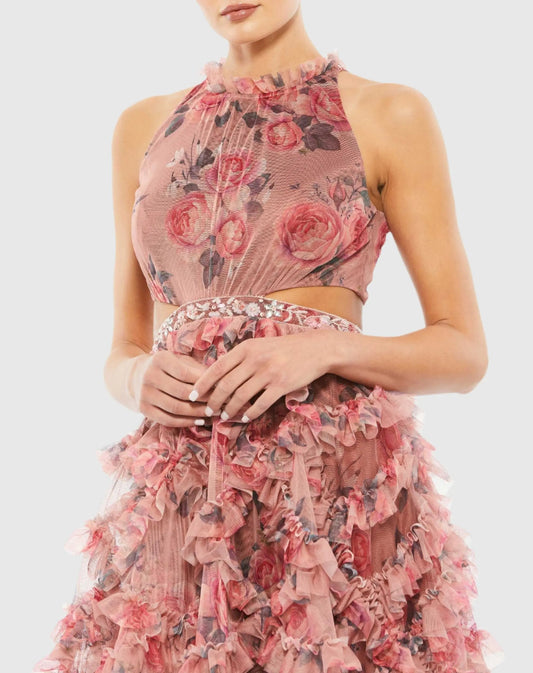 Pink Ruffled Cut Out Halter Mini Dress