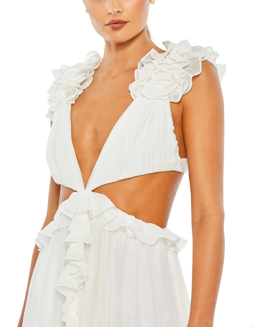 White Ruffled Cut-Out V Neck Mini Dress