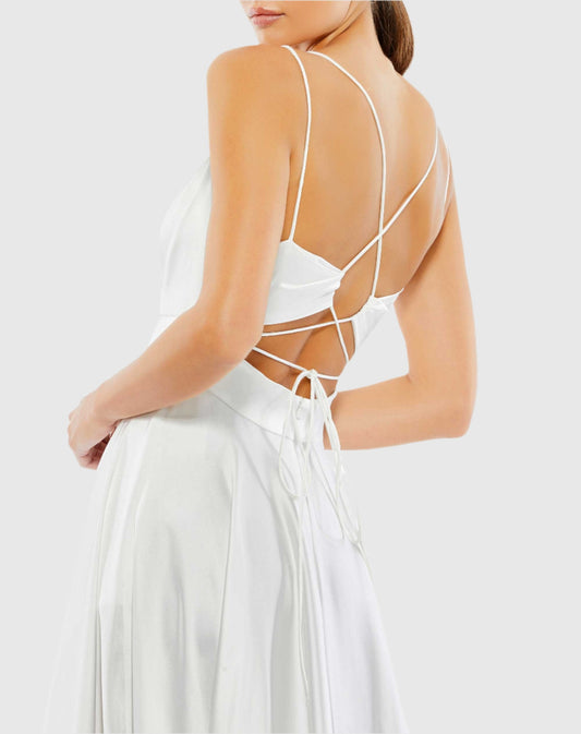 White Satin Strappy-Back High Slit Gown