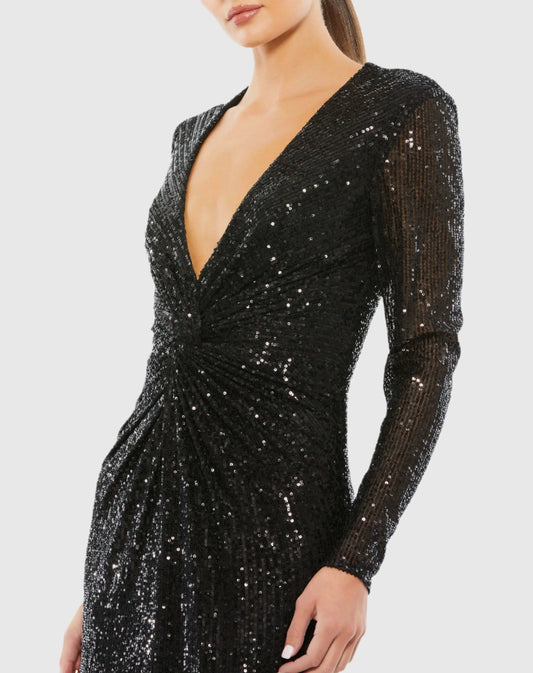 Black V Neck Long Sleeve Embellished Gown