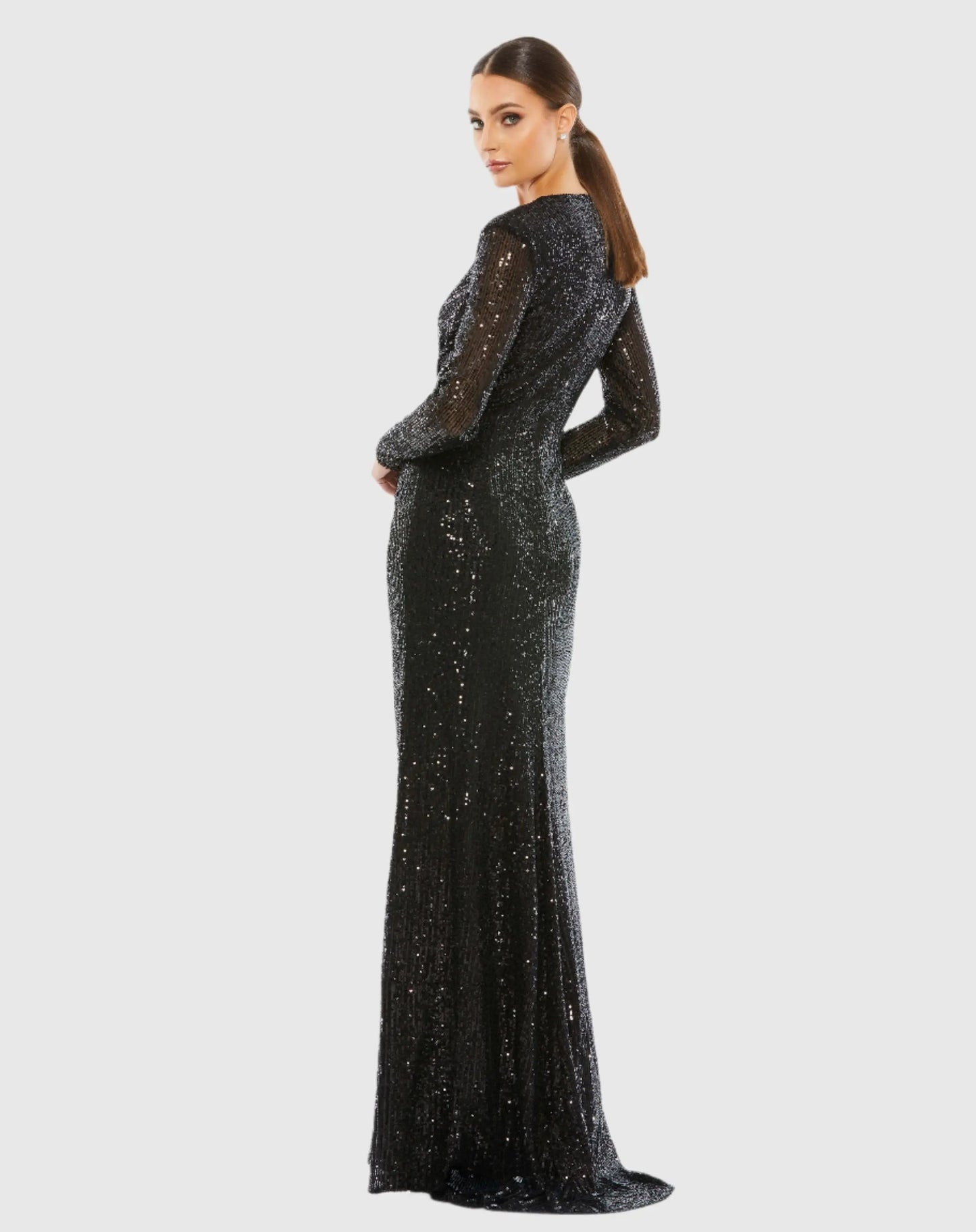 Black V Neck Long Sleeve Embellished Gown