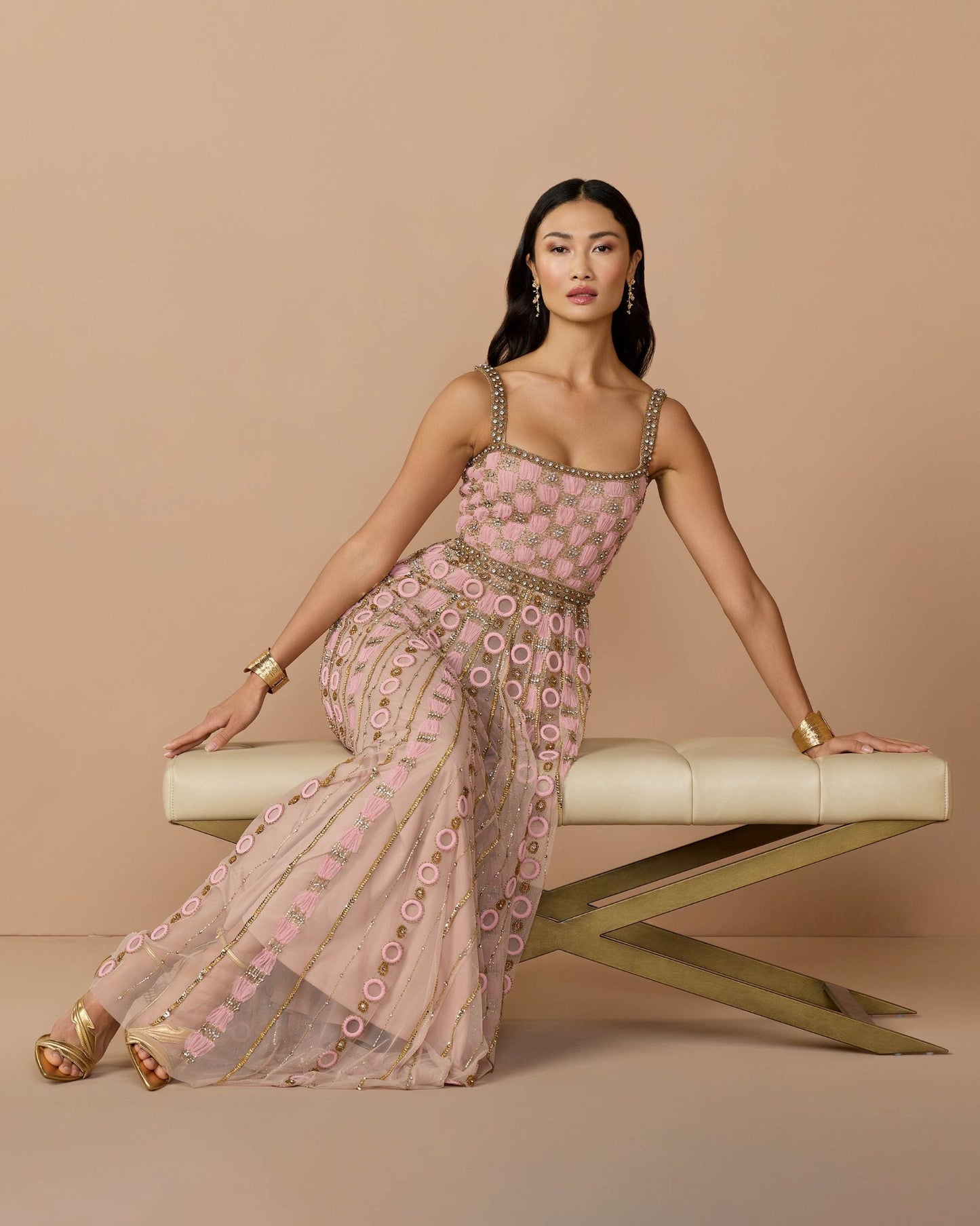 Pink Sleeveless Embellished A-line Gown