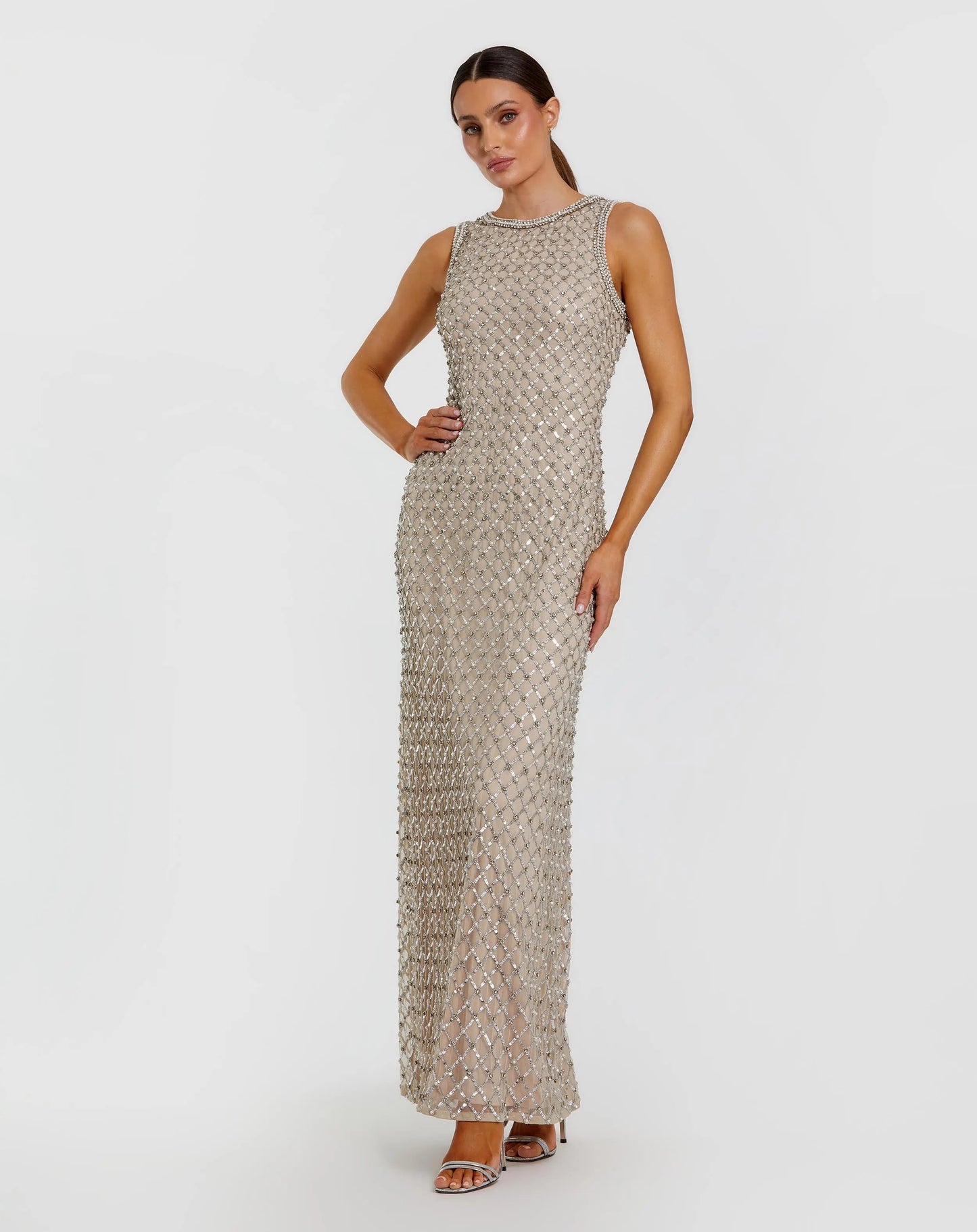 Beige Embellished High Neck Column Gown