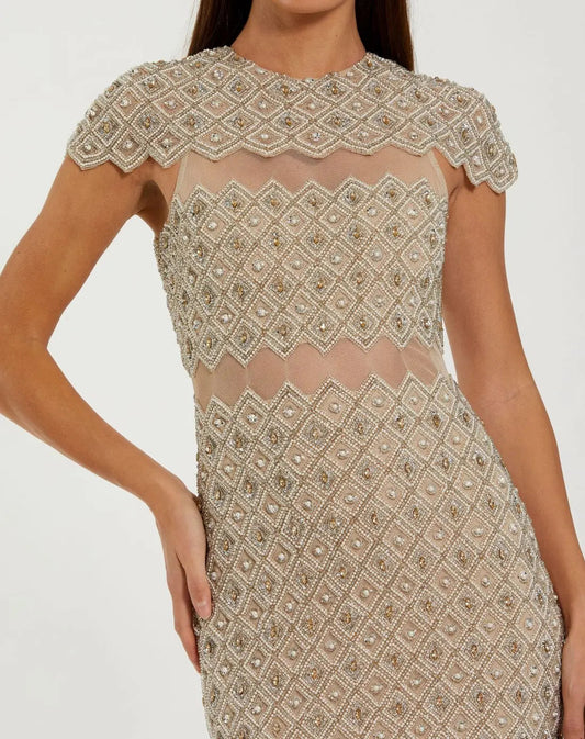 Beige Embellished Mesh Fitted Midi Dress With Sheer Panels