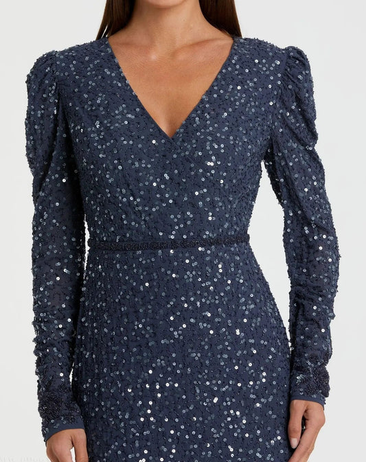 Blue Sequin Dress with Embellished Hemline and Belt